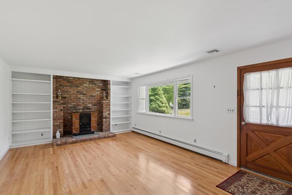 Empty room, Fireplace, Interior, Stone Walls, Wood Texture Flooring