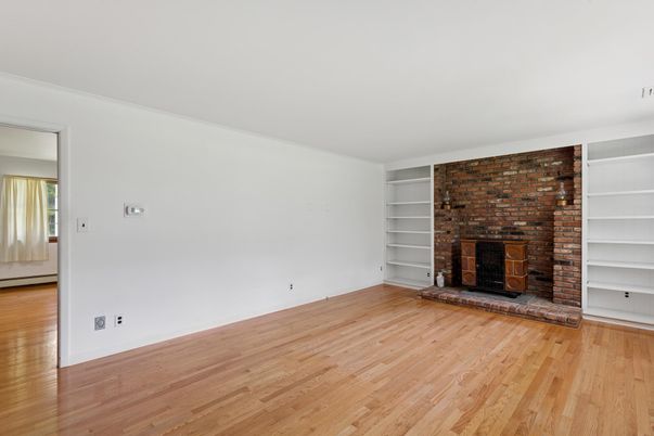 Empty room, Fireplace, Interior, Stone Walls, Wood Texture Flooring