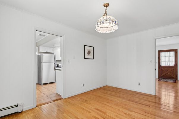 Chandelier, Empty room, Interior, Kitchen, Pendant Lights, Wood Texture Flooring