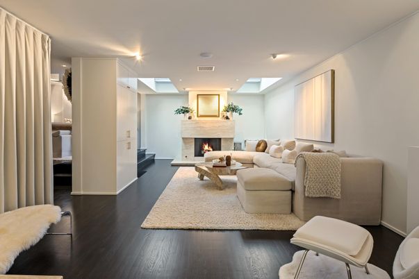 Fireplace, Interior, Living room, Recessed Lighting, Wood Texture Flooring