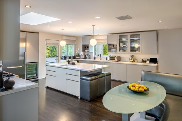 Interior, Kitchen, Pendant Lights, Recessed Lighting, Stainless Steel Appliances, Wood Texture Flooring