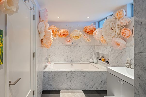 Bathroom, Interior, Marble Walls, Recessed Lighting