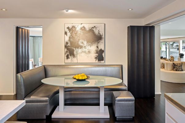 Dining room, Interior, Recessed Lighting, Wood Texture Flooring