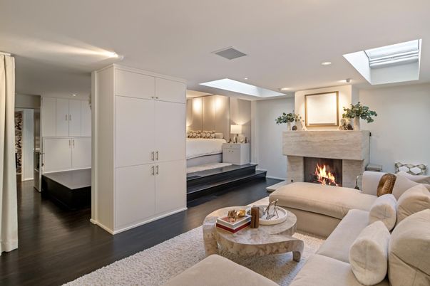 Fireplace, Interior, Living room, Piano, Recessed Lighting, Wood Texture Flooring