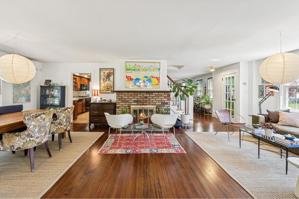 Dining room, Fireplace, Interior, Living room, Pendant Lights, Wood Texture Flooring