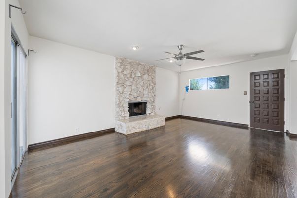 Empty room, Fireplace, Interior, Recessed Lighting, Wood Texture Flooring