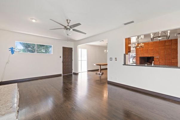 Empty room, Fireplace, Interior, Pendant Lights, Wood Texture Flooring