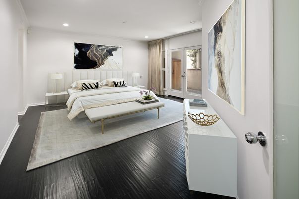 Bedroom, Interior, Recessed Lighting, Wood Texture Flooring