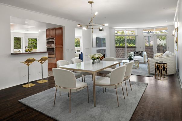 Dining room, Interior, Kitchen, Living room, Pendant Lights, Recessed Lighting, Stainless Steel Appliances, Wood Texture Flooring