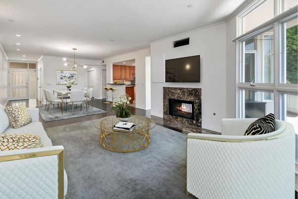 Dining room, Fireplace, Interior, Living room, Pendant Lights, Recessed Lighting