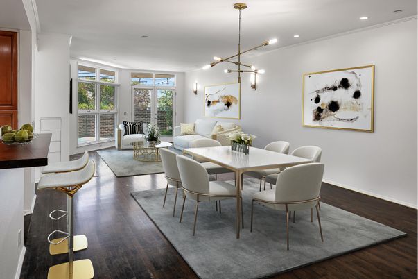 Dining room, Interior, Living room, Pendant Lights, Recessed Lighting, Wood Texture Flooring