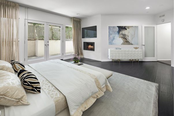 Bedroom, Fireplace, Interior, Recessed Lighting, Wood Texture Flooring