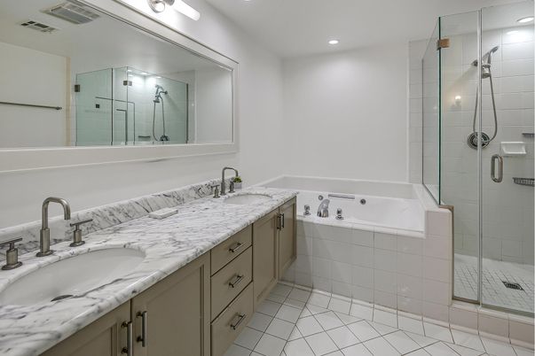 Bathroom, Dual Sink Vanities, Glass Shower, Interior, Recessed Lighting