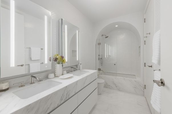 Bathroom, Dual Sink Vanities, Glass Shower, Interior, Marble, Marble Walls, Recessed Lighting