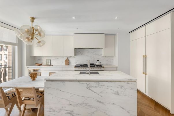 Interior, Kitchen, Marble Walls, Pendant Lights, Recessed Lighting, Wood Texture Flooring
