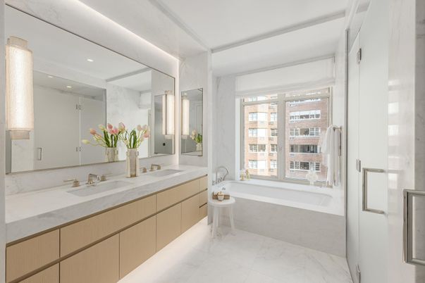 Bathroom, Dual Sink Vanities, Interior, Marble, Recessed Lighting