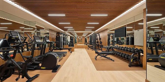 Fitness Equipment, Gym, Interior, Recessed Lighting, Wood Texture Flooring
