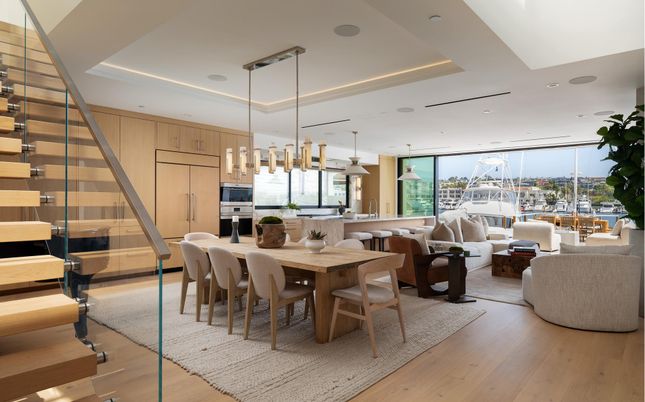 Dining room, Interior, Living room, Pendant Lights, Recessed Lighting, Stainless Steel Appliances, Wood Texture Flooring