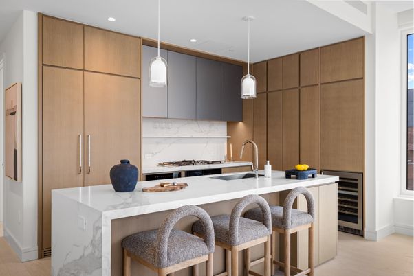Interior, Kitchen, Marble Walls, Pendant Lights, Recessed Lighting, Wood Texture Flooring
