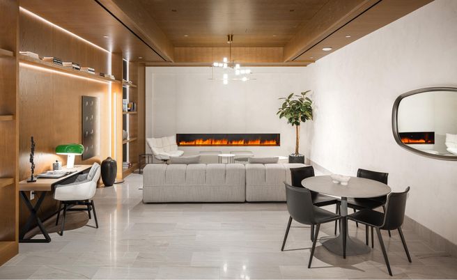 Dining room, Fireplace, Interior, Living room, Pendant Lights, Recessed Lighting, Wooden Ceilings