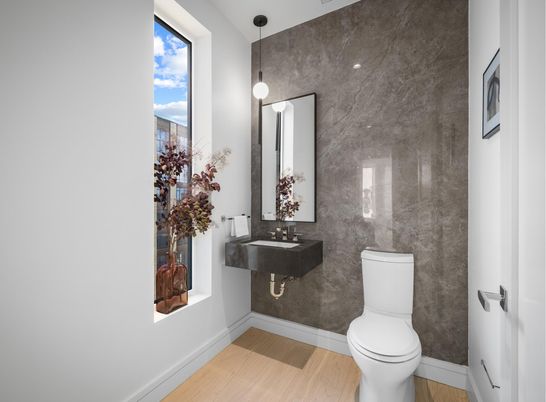 Bathroom, Interior, Pendant Lights, Wood Texture Flooring