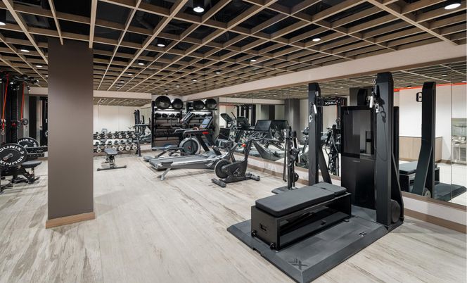 Fitness Equipment, Gym, Interior, Recessed Lighting, Wood Texture Flooring