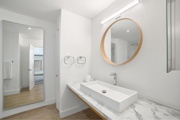 Bathroom, Interior, Marble, Recessed Lighting, Wood Texture Flooring