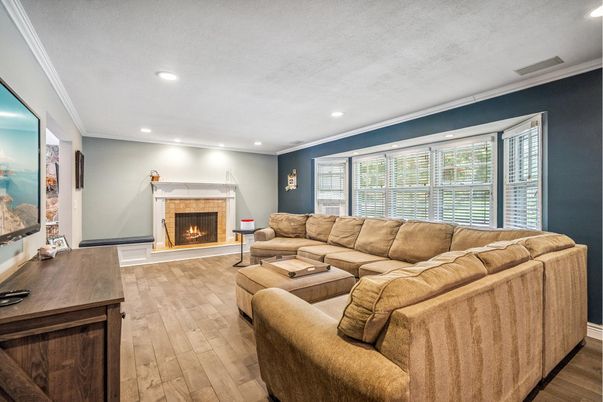 Fireplace, Interior, Living room, Recessed Lighting, Wood Texture Flooring