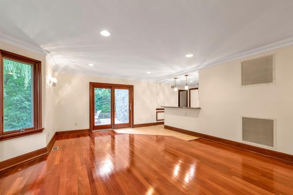 Empty room, Interior, Pendant Lights, Recessed Lighting, Wood Texture Flooring