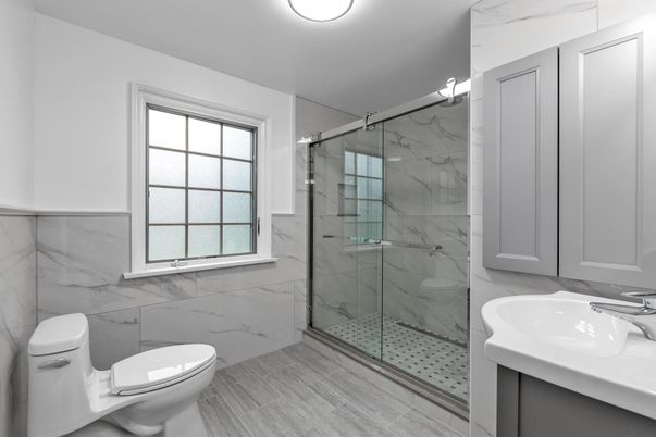 Bathroom, Glass Shower, Interior, Marble Walls
