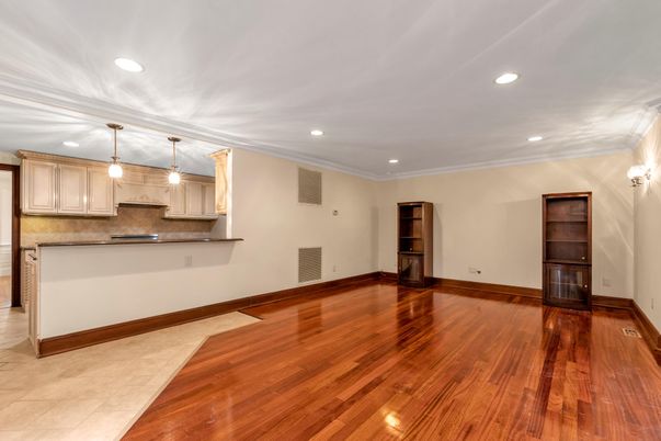 Empty room, Interior, Kitchen, Pendant Lights, Recessed Lighting, Wood Texture Flooring