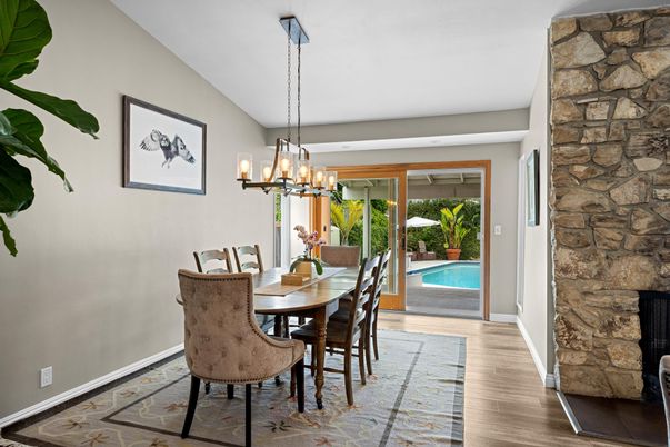 Chandelier, Dining room, Interior, Pendant Lights, Stone Walls, Wood Texture Flooring