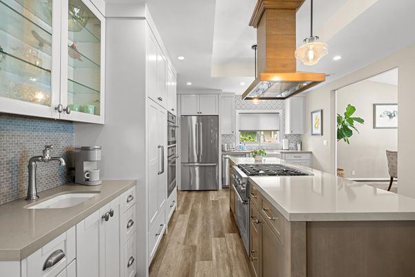 Interior, Kitchen, Pendant Lights, Recessed Lighting, Stainless Steel Appliances, Wood Texture Flooring