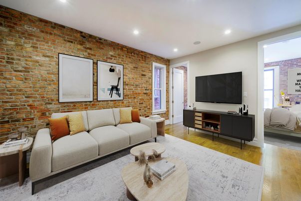 Interior, Living room, Recessed Lighting, Stone Walls, Wood Texture Flooring