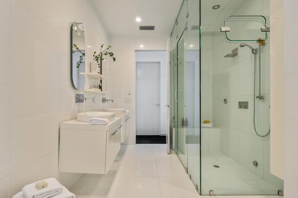 Bathroom, Glass Shower, Interior, Recessed Lighting