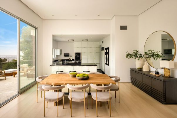 Dining room, Interior, Kitchen, Recessed Lighting, Stainless Steel Appliances, Wood Texture Flooring