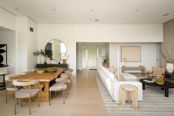 Dining room, Interior, Living room, Recessed Lighting, Wood Texture Flooring
