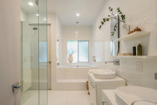 Bathroom, Glass Shower, Interior, Recessed Lighting