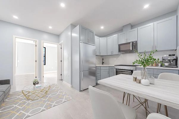 Dining room, Interior, Kitchen, Recessed Lighting, Stainless Steel Appliances, Wood Texture Flooring