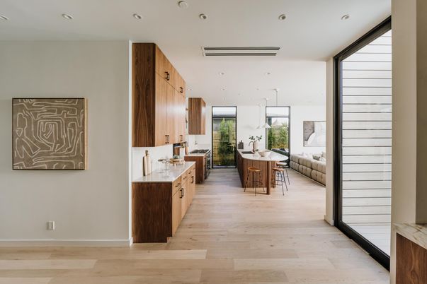 Dining room, Interior, Recessed Lighting, Wood Texture Flooring