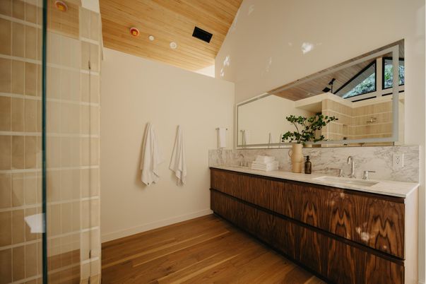 Bathroom, Interior, Recessed Lighting, Wooden Ceilings, Wood Texture Flooring