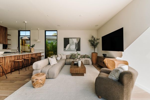 Interior, Living room, Pendant Lights, Recessed Lighting, Wood Texture Flooring