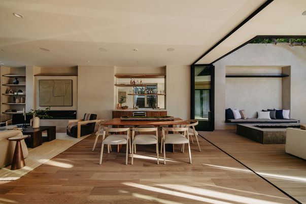 Dining room, Interior, Recessed Lighting, Wood Texture Flooring