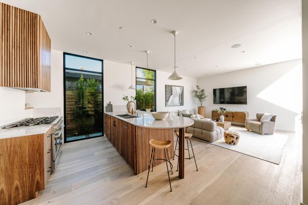 Interior, Kitchen, Living room, Pendant Lights, Recessed Lighting, Stainless Steel Appliances, Wood Texture Flooring