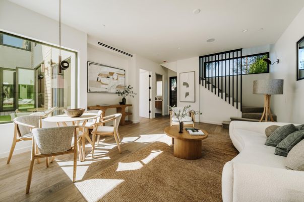 Dining room, Interior, Living room, Pendant Lights, Recessed Lighting, Wood Texture Flooring