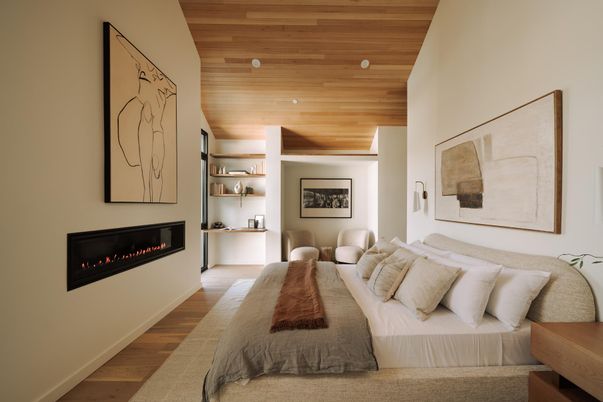Bedroom, Fireplace, Interior, Recessed Lighting, Wooden Ceilings, Wood Texture Flooring
