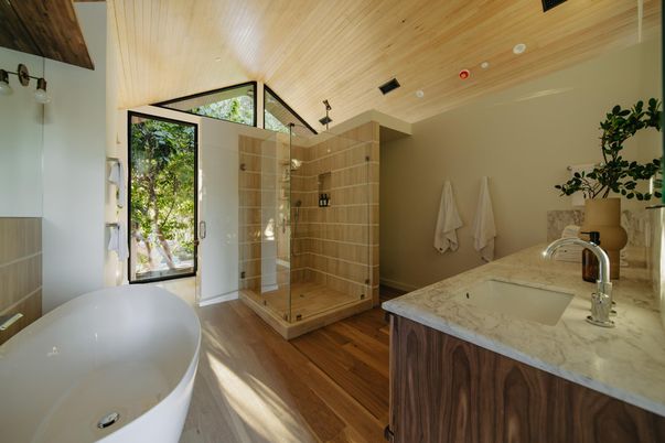 Bathroom, Free Standing Baths, Interior, Recessed Lighting, Wooden Ceilings, Wood Texture Flooring