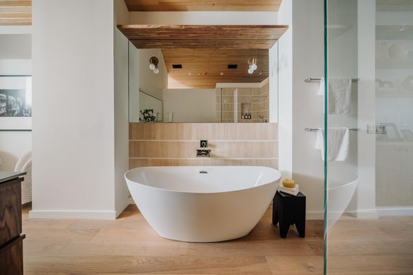Bathroom, Free Standing Baths, Interior, Wooden Ceilings, Wood Texture Flooring, Wooden Walls