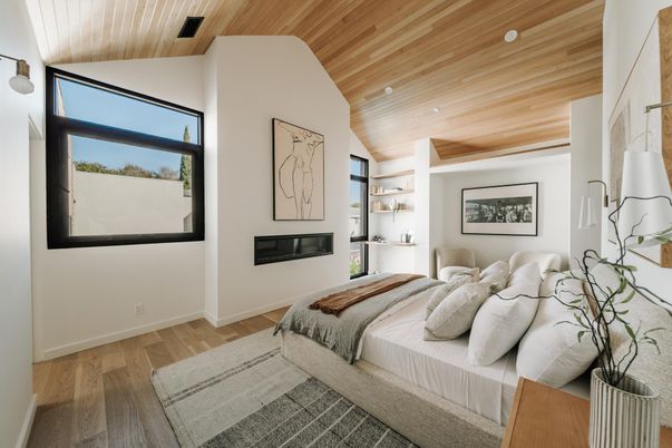 Bedroom, Fireplace, Interior, Recessed Lighting, Wooden Ceilings, Wood Texture Flooring