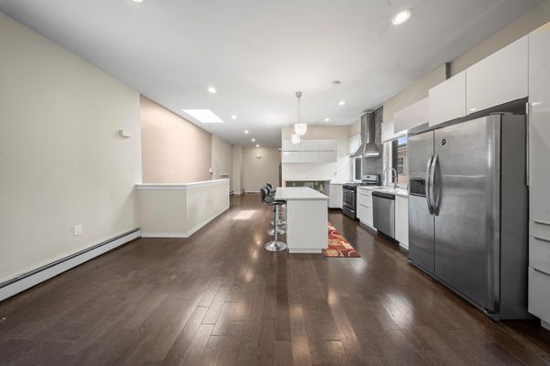 Interior, Kitchen, Pendant Lights, Recessed Lighting, Stainless Steel Appliances, Wood Texture Flooring